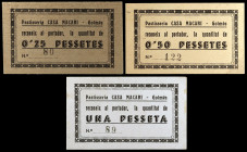 Golmés. Pastisseria Casa Macari. 25, 50 céntimos y 1 peseta. (AL. 3426 a 3428) (RGH. 8071 a 8073). 3 cartones, serie completa. El de 25 céntimos nº 80...