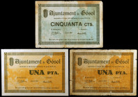 Gósol. 50 céntimos y 1 peseta. (T. 1326, 1326b y 1327). 3 billetes. Todos los de la localidad. Raros. BC/EBC.