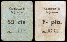 La Granada del Penedès. 50 céntimos y 1 peseta. (T. 1330 y 1331). 2 cartones, serie completa. El de 50 céntimos nº 117. Raros. MBC-.