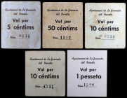 La Granada del Penedès. 5, 10 (dos), 50 céntimos y 1 peseta. (T. 1332 a 1334, 1334a y 1335). 5 cartones, una serie completa. El de 5 céntimos nº 0134....