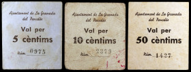 La Granada del Penedès. 5, 10 y 50 céntimos. (T. 1337 a 1339). 3 cartones. Raros. BC+/MBC+.