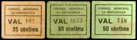 La Granadella. 25 y 50 céntimos (dos). (T. 1342, 1342a y 1343). 3 cartones, una serie completa. El de 25 céntimos, nº 104. Muy raros. BC+/MBC+.