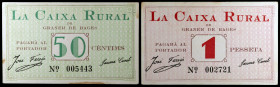 Graner de Bages. Caixa Rural. 50 céntimos y 1 peseta. (T. 1346 y 1347). 2 billetes. Todos los de la localidad. Escasos. EBC-/EBC.