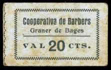 Graner de Bages. Cooperativa de Barbers. 20 céntimos. (AL. falta) (RGH. falta). Cartón nº 8. Raro. MBC.