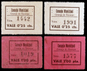 La Granja d'Escarp. 25 céntimos (dos) y 1 peseta (dos). (T. 1348 y 1349). 4 cartones, 2 series completas. Escritos en castellano. Tampón en catalán al...