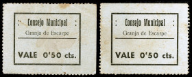 La Granja d'Escarp. 50 céntimos. (T. 1351). 2 cartones. Escritos en castellano. Tampón en catalán al dorso "Consell Municipal Antifeixista". Muy raros...