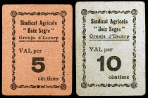 La Granja d'Escarp. Sindicat Agrícola "Baix Segre". 5 y 10 céntimos. (T. 1353 y 1354). 2 cartones, serie completa. Rarísimos. MBC-.