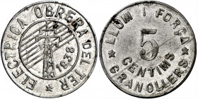 Granollers. Elèctrica Obrera del Ter. Llum i força. 5 céntimos. (AL. 27). Escasa. 1,11 g. MBC.