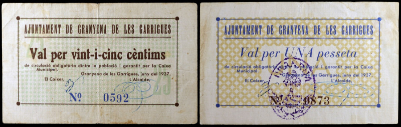 Granyena de les Garrigues. 25 céntimos y 1 peseta. (T. 1357 y 1358). 2 billetes....