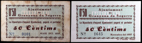 Granyena de Segarra. 50 céntimos (dos). (T. 1360 y 1362a). 2 billetes, uno nº 101. Los 50 céntimos de la 2ª emisión no figuraba en la Colección Balsac...