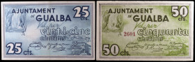 Gualba. 25 y 50 céntimos. (T. 1370 y 1371). 2 billetes. Todos los de la localidad. EBC-/EBC.
