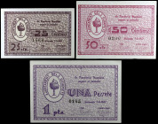 Els Guiamets. 25, 50 céntimos y 1 peseta. (T. 1386 a 1388). 3 billetes. Todos los de la localidad. EBC.