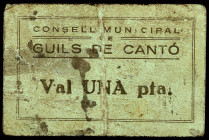 Guils de Cantó. 1 peseta. (T. 1389). Cartón nº 46. Manchitas. Rarísimo, sólo hemos tenido el ejemplar de la Colección Balsach, Áureo 17/12/1996. BC+....
