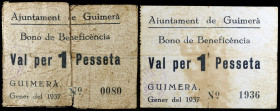 Guimerà. Bono de Beneficència. 1 peseta (dos). (T. 1393 y 1393a). 2 billetes, uno roto y reparado en la época, nº 0080. Muy raros. BC/MBC-.