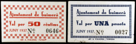 Guimerà. 50 céntimos y 1 peseta. (T. 1394 y 1395). 2 cartones, serie completa. La peseta nº 0027. Raros y más así. EBC-/EBC+.