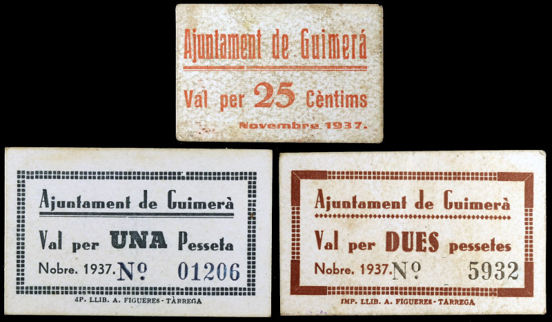 Guimerà. 25 céntimos, 1 y 2 pesetas. (T. 1396c, 1397 y 1398b). 3 cartones. Muy r...