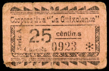Guíxols. Cooperativa "La Guixolense". 25 céntimos. (AL. 2029) (RGH. 8187 var). Cartón. Raro. BC+.