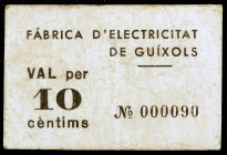 Guíxols. Fàbrica d'Electricitat. 10 céntimos. (AL. 2030) (RGH. 8192 var). Cartón con tampón en negro, nº 000090. Muy raro. MBC-.
