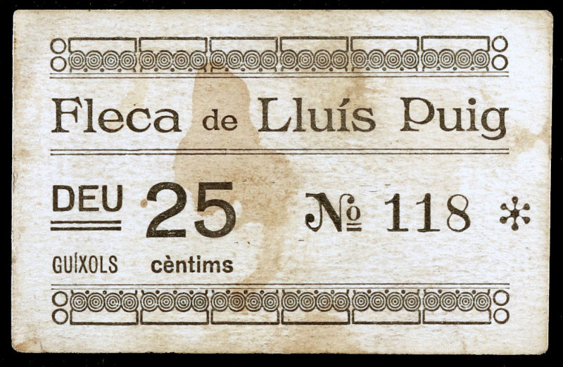 Guíxols. Fleca de Lluís Puig. 25 céntimos. (AL. 2031) (RGH. 8191). Cartón nº 118...