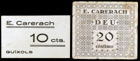 Guíxols. E. Carerach. 10 y 20 céntimos. (AL. 2036 y falta) (RGH. 8190 y falta). 2 cartones. Raros. MBC-/EBC.