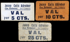 Guíxols. Josep Colls Adroher (La Cubana) del Comerç. 5, 10 y 25 céntimos. (AL. 2037 y falta) (RGH. 8193 var y falta). 3 cartones, todos con el sello t...