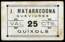 Guíxols. J. Matarrodona Queviures. 25 céntimos. (AL. falta) (RGH. falta). Cartón. Raro. MBC.