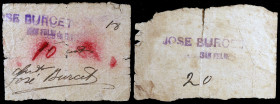 Guíxols. José Burcet. Tocinería y Comestibles. 10 y 20 céntimos. (AL. falta) (RGH. falta). 2 billetes, el de 10 céntimos nº 18. Muy raros. BC.