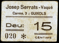 Guíxols. Josep Serrats - Vaqué. Carme, 3. 15 céntimos. (AL. falta) (RGH. falta). Cartón nº 020. Muy raro. BC+.