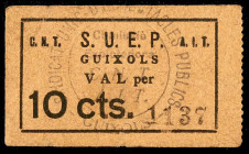 Guíxols. Sindicat Únic d'Espectacles Públics (S.U.E.P.). CNT-AIT. 10 céntimos. (AL. falta) (RGH. falta). Muy raro. MBC.