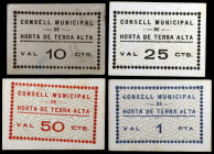 Horta de Terra Alta. 10, 25, 50 céntimos y 1 peseta. (T. 1412 a 1414 y 1416a). 4 cartones, una serie completa. Raros y más así. EBC-/EBC+.