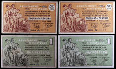 Hostoles. 50 céntimos (dos) y 1 peseta (dos). (T. 1437, 1437a, 1438 y 1438a). 4 billetes, 2 series completas. MBC-/EBC.