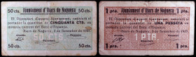Ibars de Noguera. 50 céntimos y 1 peseta. (T. 1440 y 1441). 2 cartones, serie completa, el de peseta nº 212. Muy raros. BC+/MBC-.