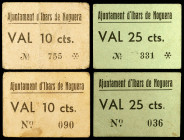 Ibars de Noguera. 10 (dos) y 25 céntimos (dos). (T. 1442, 1442a, 1443 y 1443a). 4 cartones, 2 series completas. Uno de 10 céntimos, nº 090 y otro de 2...
