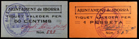 Iborra. 50 céntimos y 1 peseta. (T. 1445 y 1446). 2 cartones. Todos los de la localidad. Raros y más así. EBC/EBC+.