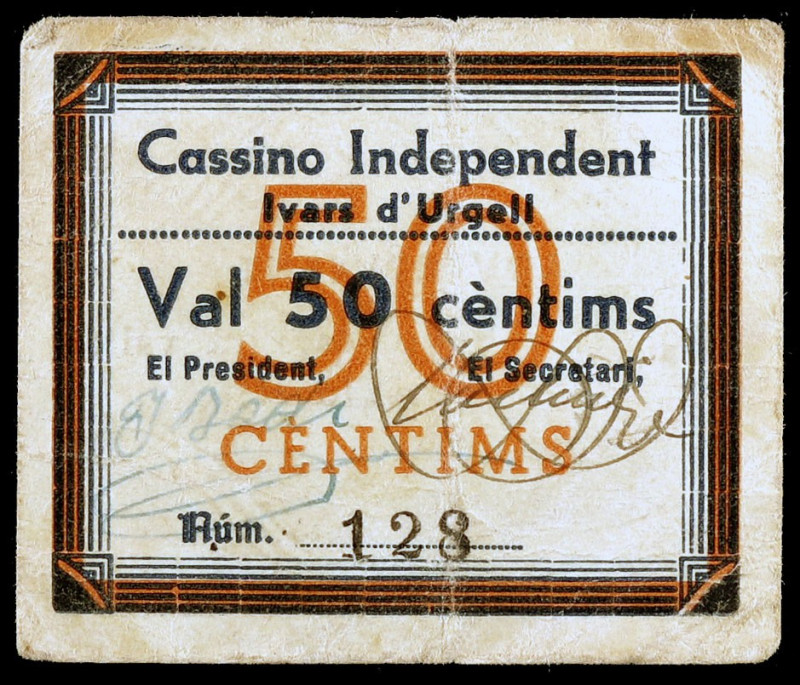 Ivars d'Urgell. Casino Independent. 50 céntimos. (AL. 3352) (RGH. 8272). Cartón ...