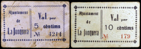 La Jonquera. 5 y 10 céntimos. (T. 1467a y 1468). 2 cartones, serie completa. Los 10 céntimos, nº 179. Raros. MBC-/MBC+.