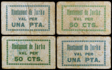 Jorba. 50 céntimos (dos) y 1 peseta (dos). (T. 1469b, 1469c, 1470b y 1470d). 4 cartones, 2 series completas. Raros. MBC-/MBC.