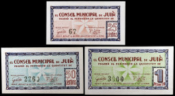 Juià. 25, 50 céntimos y 1 peseta. (T. 1471 a 1473). 3 billetes. Todos los de la localidad. El de 25 céntimos, nº 67 y la peseta nº 3000. Raros así. EB...