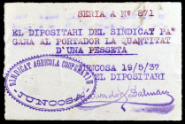 Juncosa de les Garrigues. Sindicat Agrícola. 1 peseta. (T. 1474c). Extraordinariamente raro y más así. MBC+.