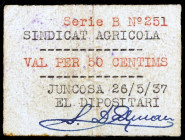 Juncosa de les Garrigues. Sindicat Agrícola. 50 céntimos. (T. 1475). Nº 251. Tampón del Ajuntament. Rarísimo. MBC.