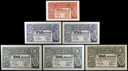 Juneda. 25, 50 céntimos y 1 peseta (tres). (T. 1480 a 1482). 6 billetes, 2 parejas correlativas, una serie completa. Escasos así. EBC/S/C-.