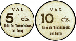 Just Desvern. Unió de Treballadors del Camp. 5 y 10 céntimos. (T. 1486a y 1487). 2 cartones redondos. No figuraban en ninguna de nuestras colecciones ...