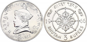 Bhutan 3 Rupees 1966
KM# 32a; Silver., Proof; Jigme Dorji Ascension; Mintage 2000 pcs