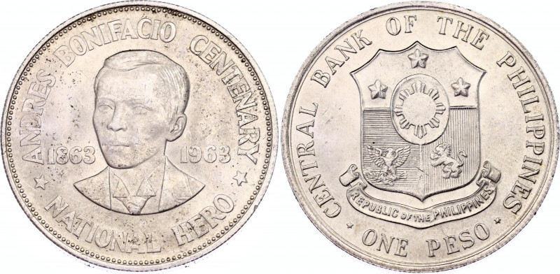 Philippines 1 Peso 1963
KM# 193; Silver; 100th Birth Anniversary of Andres Boni...