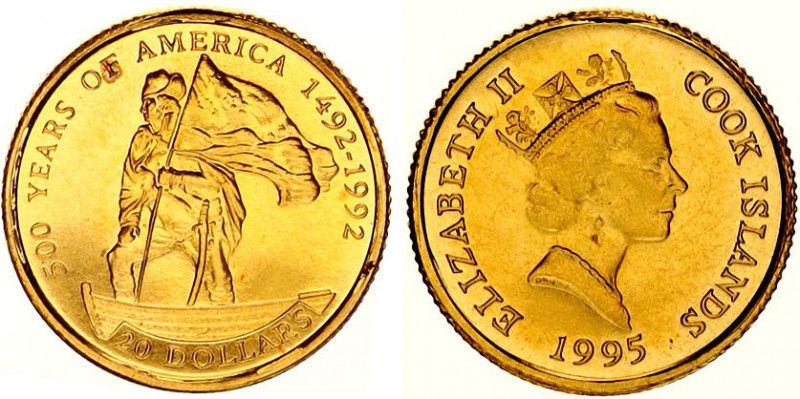 Cook Islands 20 Dollars 1995
KM# 237; Gold (0.999) 1.24 g.; 500 years of Americ...