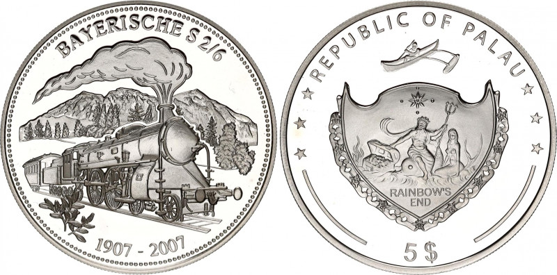 Palau 5 Dollars 2007
Silver (0.925) 25.07 g., 39 mm, Proof; locomotive S 2/6 (1...