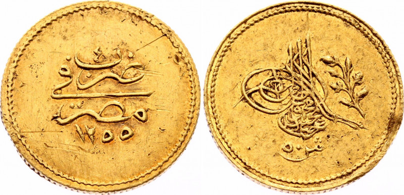 Egypt 50 Qirsh 1842 AH 1255//4
KM# 234.1; Gold (.875) 4.27 g.; 18 mm.; Abdulmec...