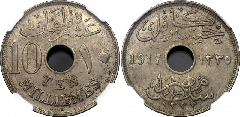 Egypt 10 Milliemes 1917 AH 1335 KN NGC MS 62
KM# 316; Copper-nickel; Hussein Ka...