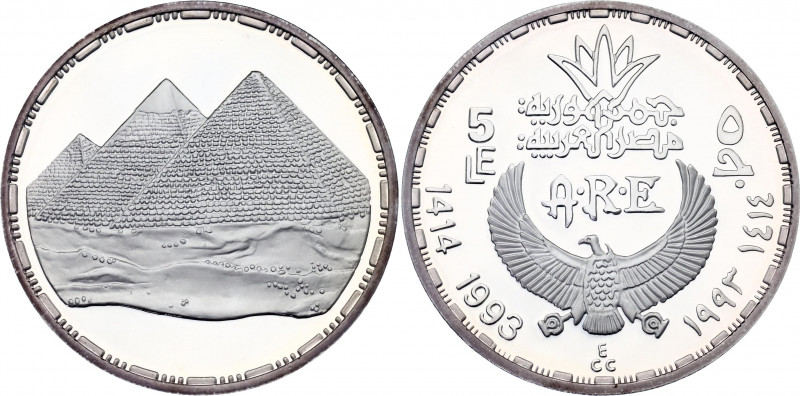 Egypt 5 Pounds 1993 AH 1414
KM# 740; Silver., Proof; Ancient Treasure Collectio...