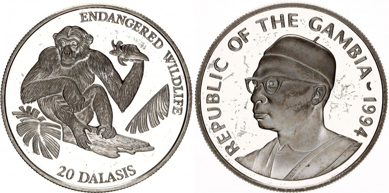 Gambia 20 Dalasis 1994
KM# 38; Silver, Proof; Monkey